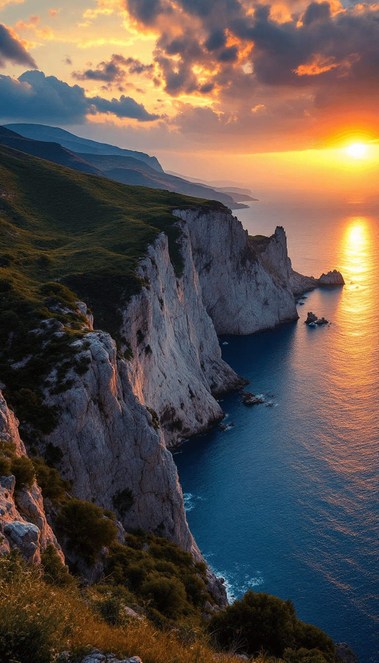 AI generated: An aerial view of the Crimean coast during sunset: steep cliffs silhouetted against the warm hues of...