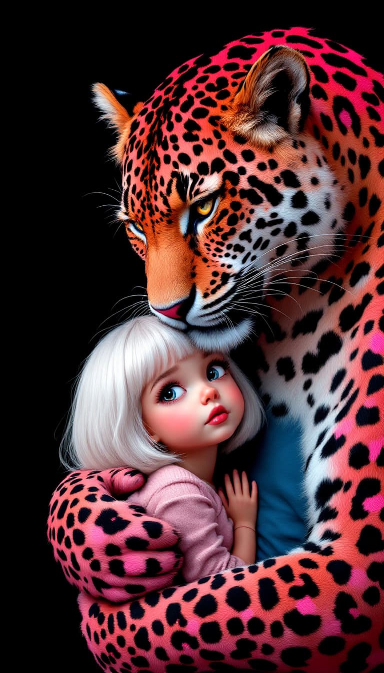 AI generated: whimsical cartoon of Disney,a rose-red leopard and a girl, pink and black, romantic comic, surreal a...