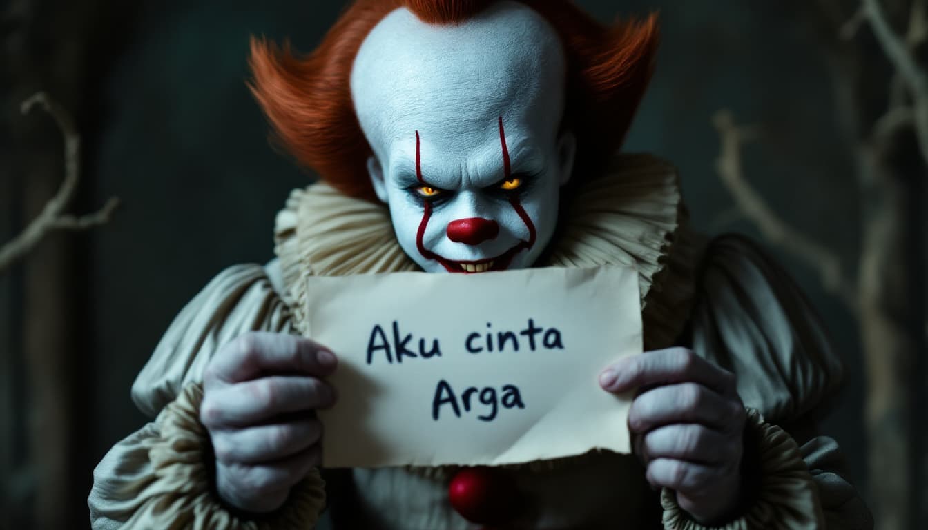 AI generated: pennywise holding a paper with message "Aku cinta Arga" on it