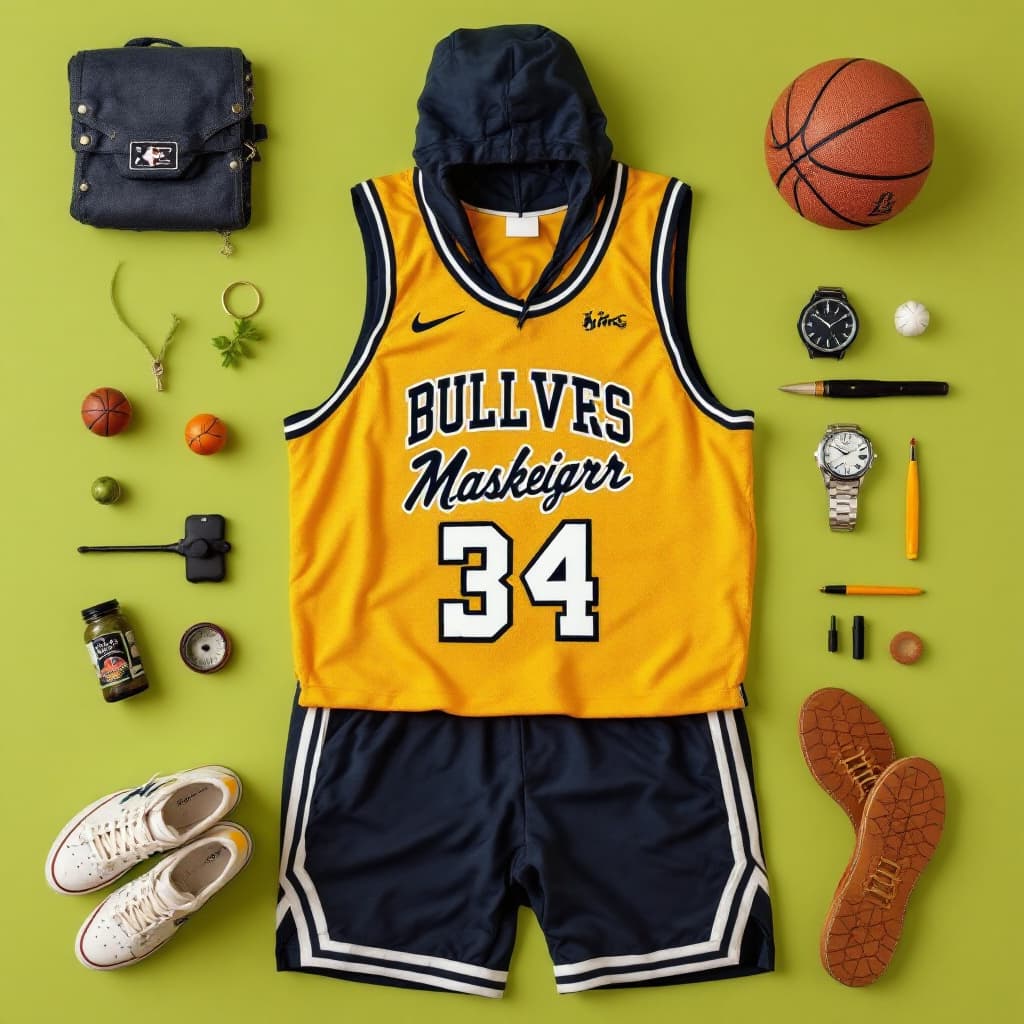 AI generated: a flat lay photography of vintage basketball outfit knolling :: Wes Anderson color palette, studio l...