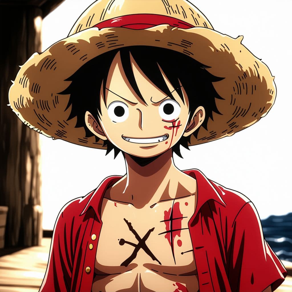 AI generated: Monkey D. Luffy, one piece anime, X-shaped scar on his chest, Straw Hat, symmetrical body, portrait,...
