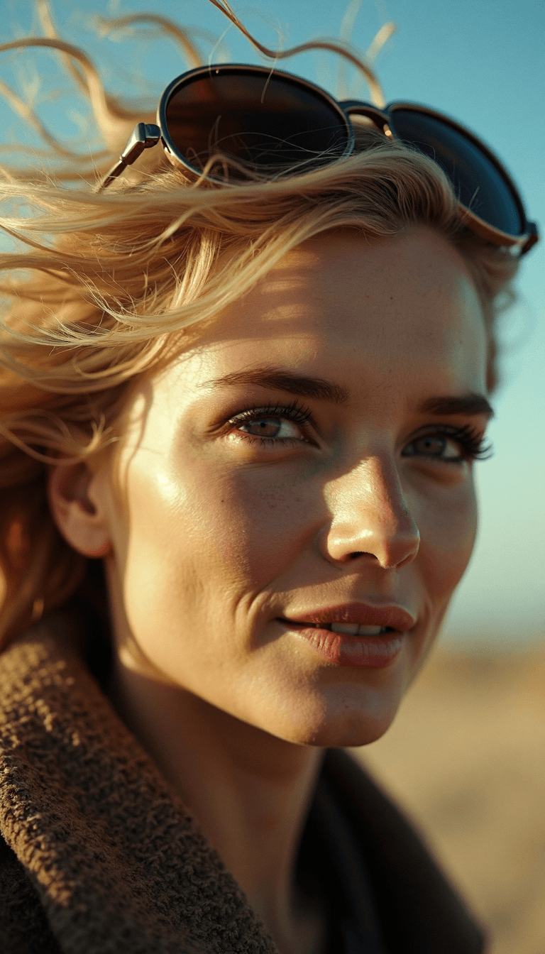 AI generated: Experimental Photography: Close-up portrait of a blonde woman with windblown hair, wearing round dar...