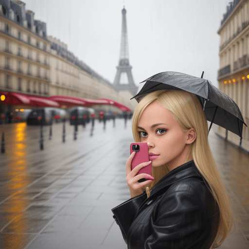 AI generated: blonde girl, taking selfie in paris on a rainy day