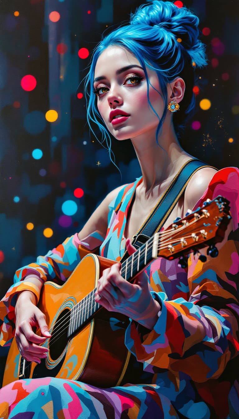 AI generated: "Ethereal Musician in a Harmonious Scene": A captivating abstract painting presents a musician, show...