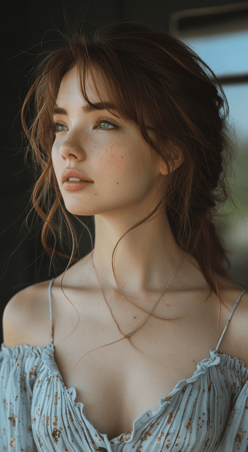 AI generated: beautiful woman standing on a street, side angle, looking away, in the style of Bella Kotak, emotive...