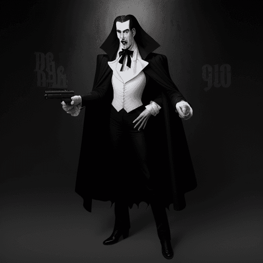 AI generated: Dracula at 31 with a gun black and white shot, in the style of celebrity and pop culture references,...