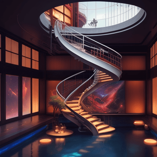 AI generated: 2 a beautiful space station filled with electronic and a spiral staircase, inspired by Ricardo Bofil...