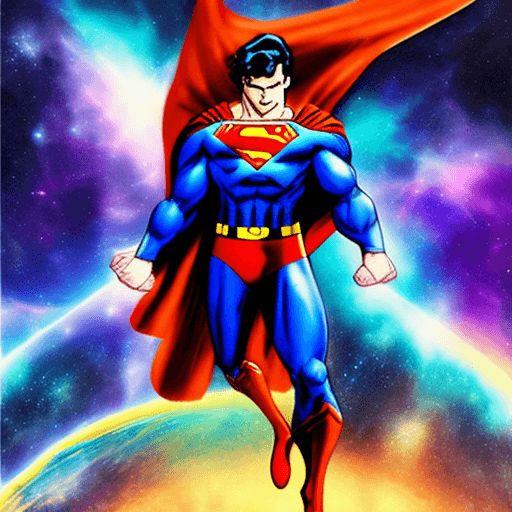 AI generated: Superman with original costume in epic pose floating in the galaxy with orange and violet color in b...