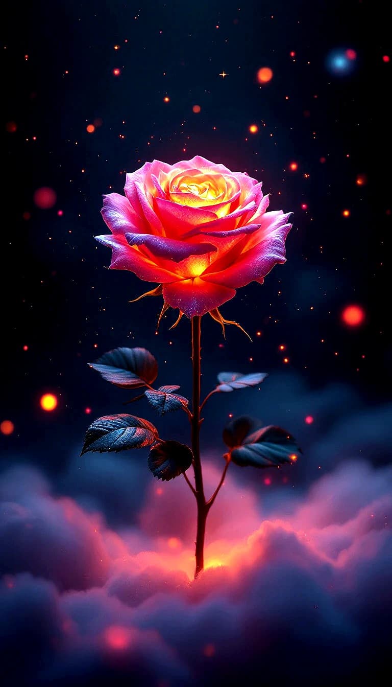 AI generated: A mesmerizing cosmic rose glowing with ethereal red and yellow hues, radiating soft neon light. The ...