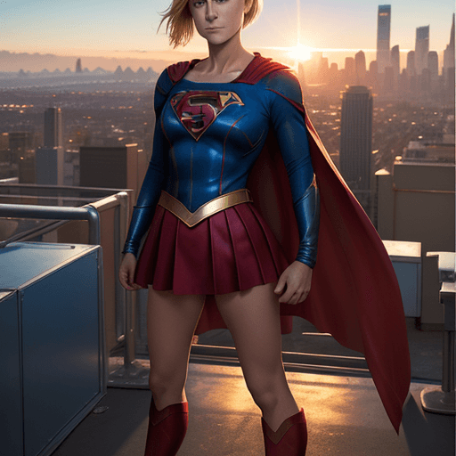 AI generated: Photo of Mary Stuart Masterson as Supergirl, short hair, dramatic pose, blue and red leotard, mini s...