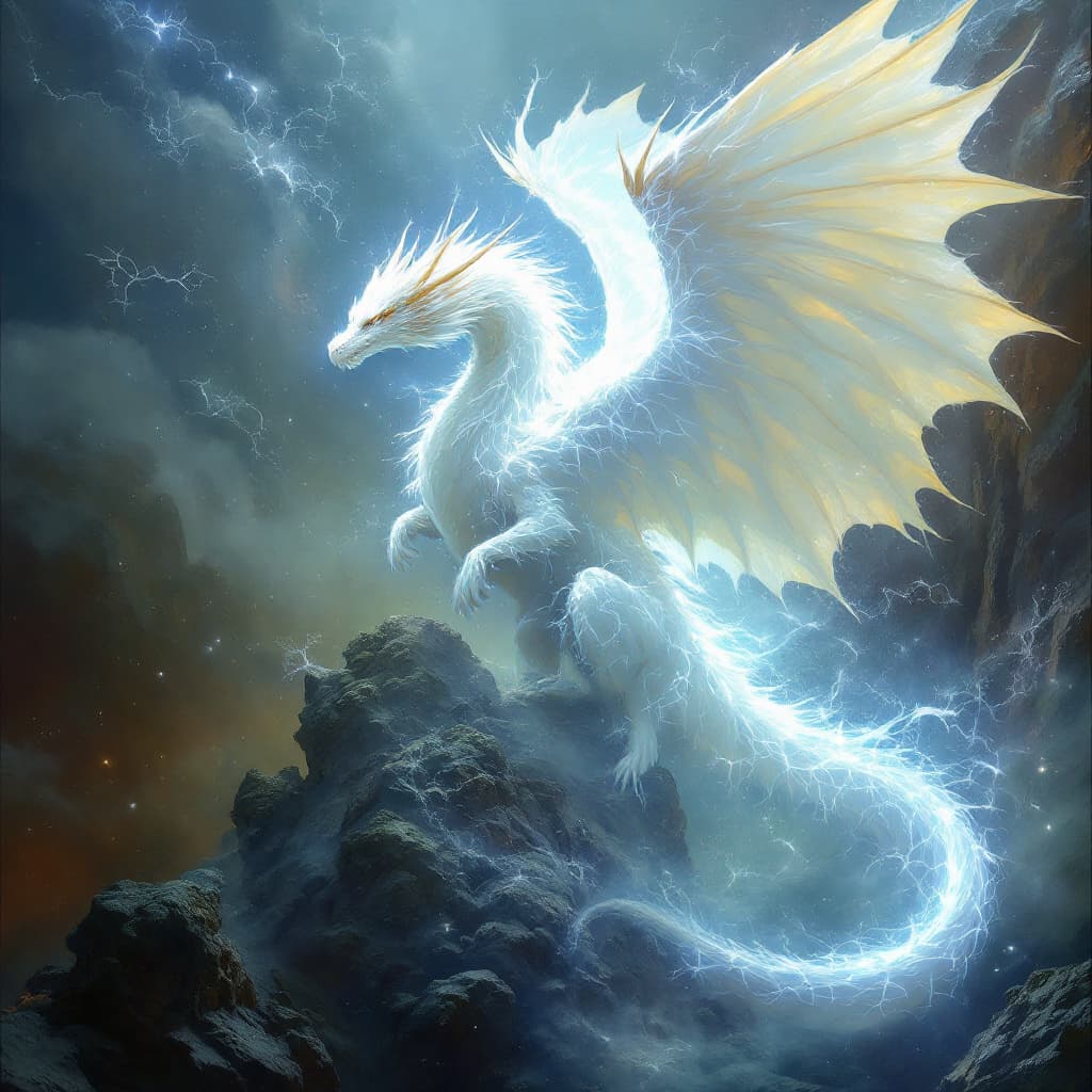 AI generated: Dragon humanoide blanco con alas de ángel, envuelto en un aura de energía y explotando