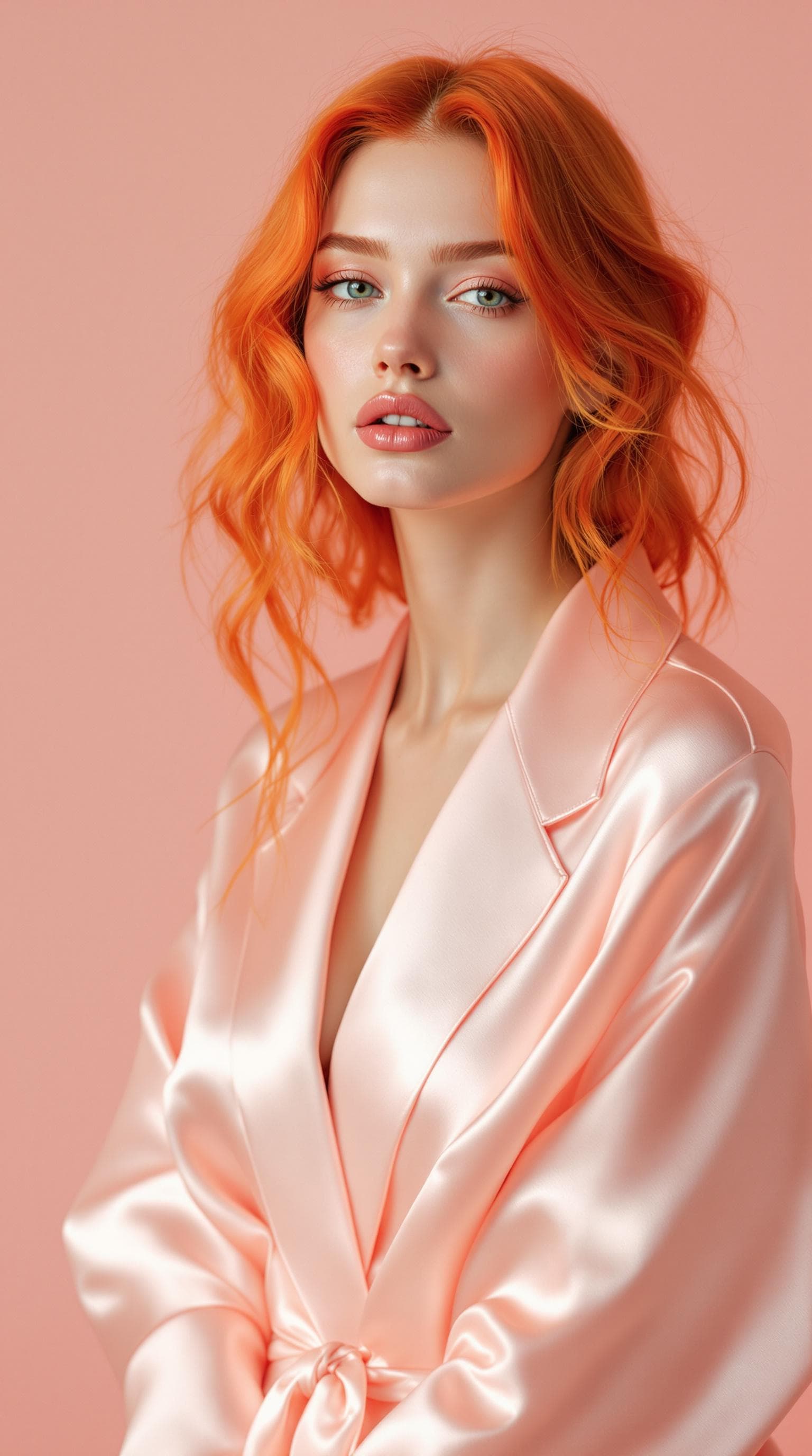 AI generated: une femme aux cheveux orange, dans une robe en satin corail clair, dans le style de l'hyperréalisme ...