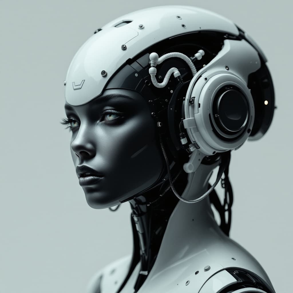 AI generated: an image of a futuristic woman in a robotic head gear, in the style of dark white and dark black, in...