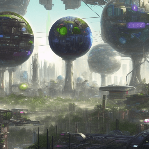 AI generated:  Different elements in spheres: Energy, war, Ecology, Economy, Health and Technology. Background is ...