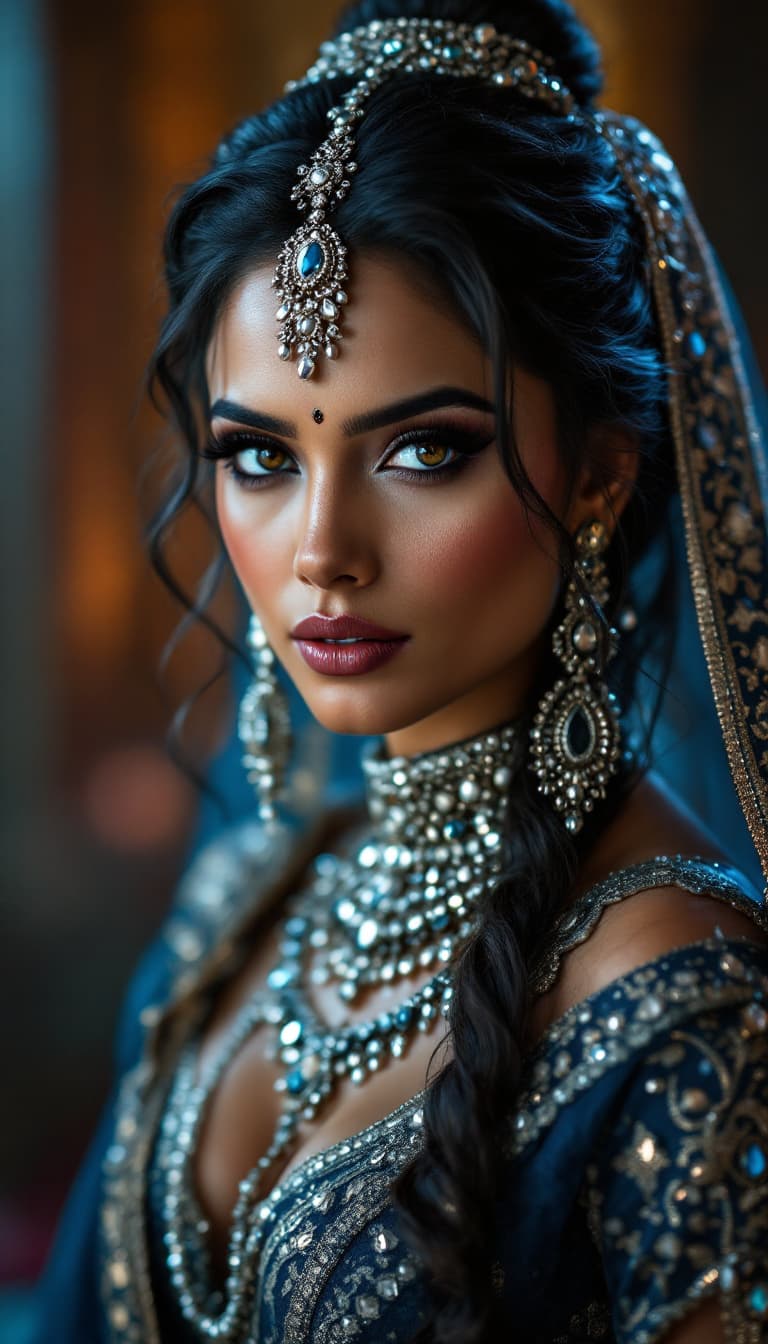 AI generated: A regal Indian princess with sharp, captivating eyes, adorned in an intricately designed dark blue a...