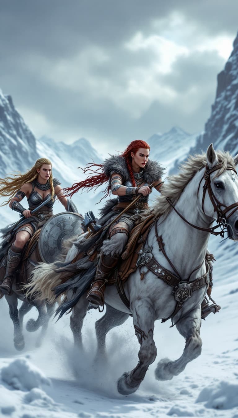 AI generated: Three fierce Viking warrior women riding powerful horses across a snowy plain; one with braided blon...