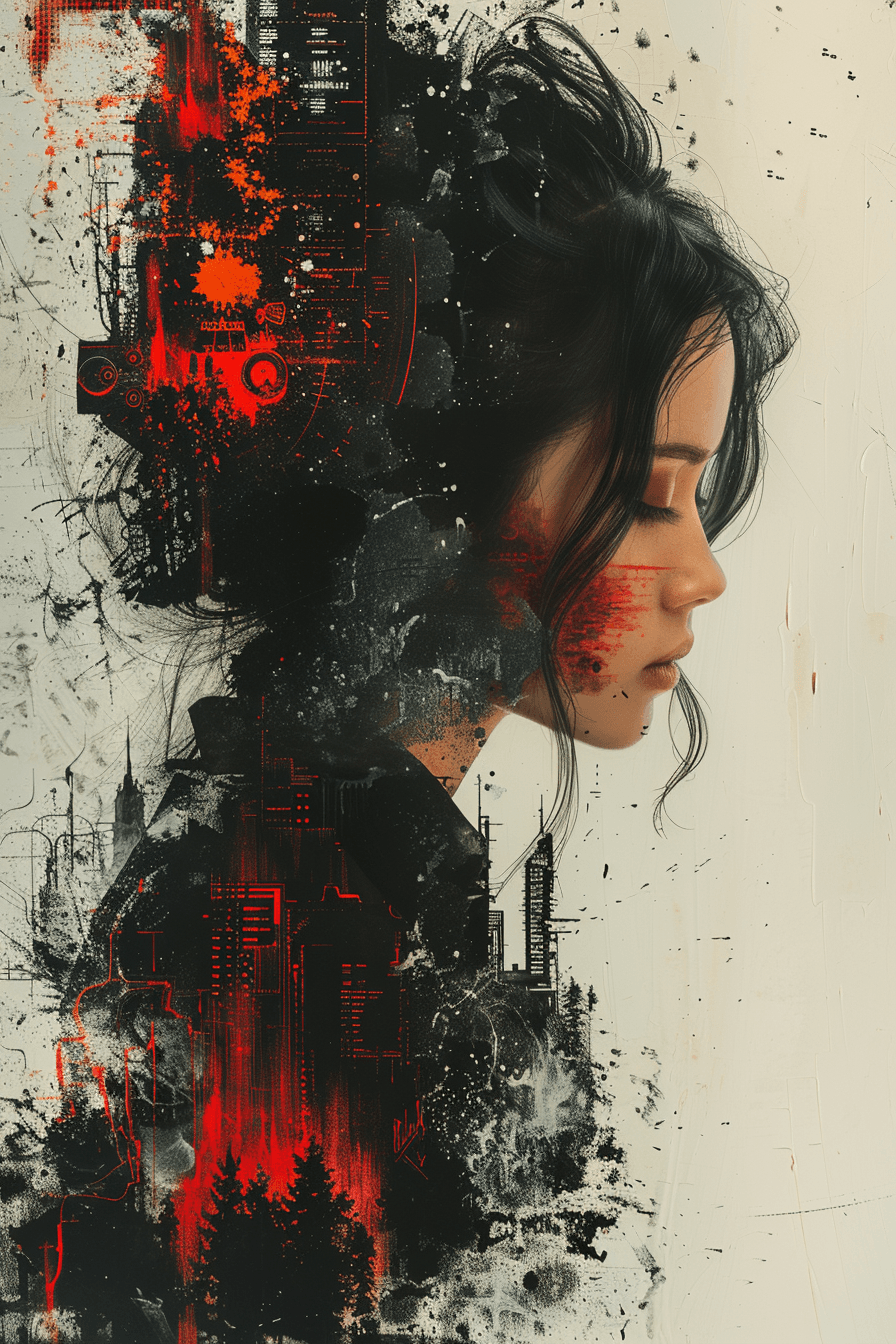 AI generated: Mixed media artwork featuring an emotional cyborg girl in an elegant dress, using skin lesions as a ...