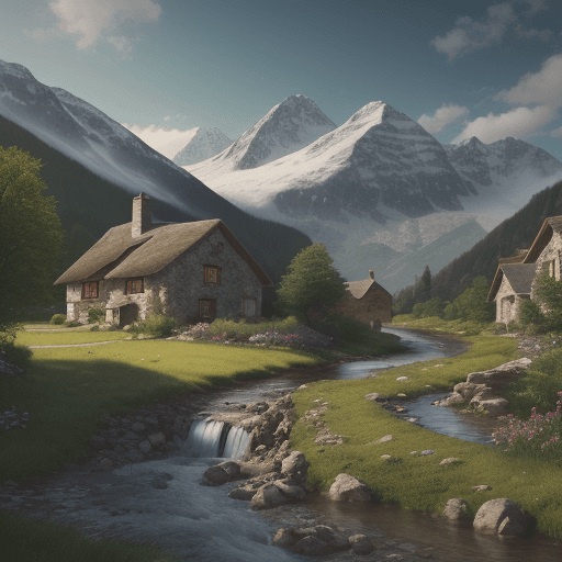 AI generated: A landscape towards a mountain with an antique cottage and a flowing stream, in 4K.
with ours