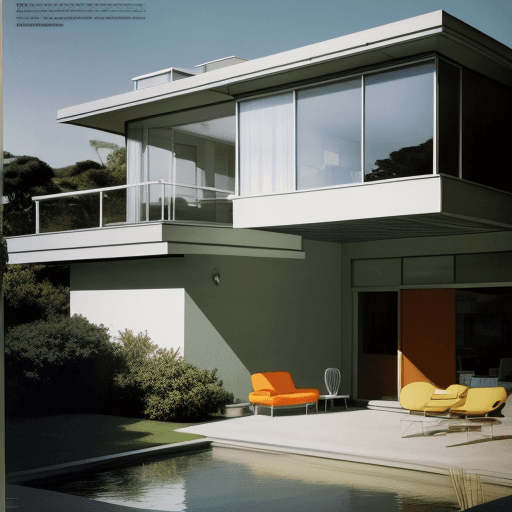 AI generated: Hyper realistic eye level exterior photo of a mid century modern style house overlooking the ocean, ...