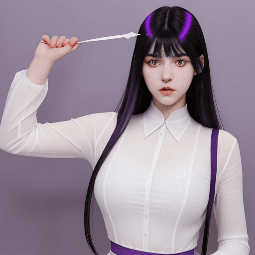 AI generated: Girl measuring 1.99 m and weighing 74 kg. She has black hair with purple highlights, violet eyes and...
