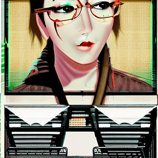 AI generated: young, spectacled female yakuza aficionado, attired in dark, trendy urban fashion, traversing a uniq...