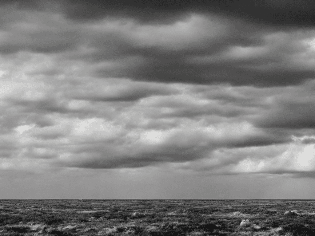 AI generated: full sky of flat simple texture cartoonish multiple flat stormy clouds in greyscale