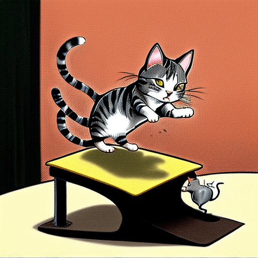 AI generated: cat about to silently leap off a table onto a mouse. Style: Cartoon 