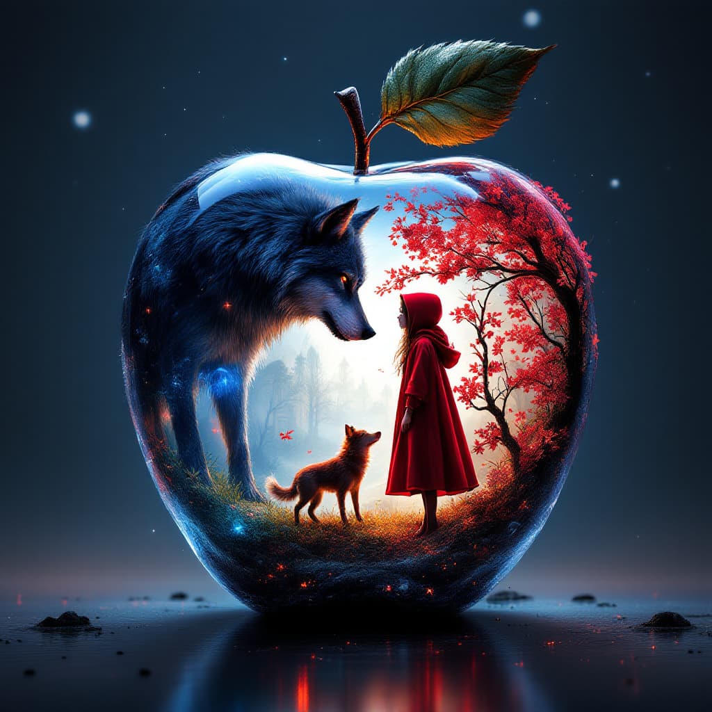 AI generated: big bad wolf and little red riding hood fantasy world inside of a crystal apple, hyperdetailed doubl...