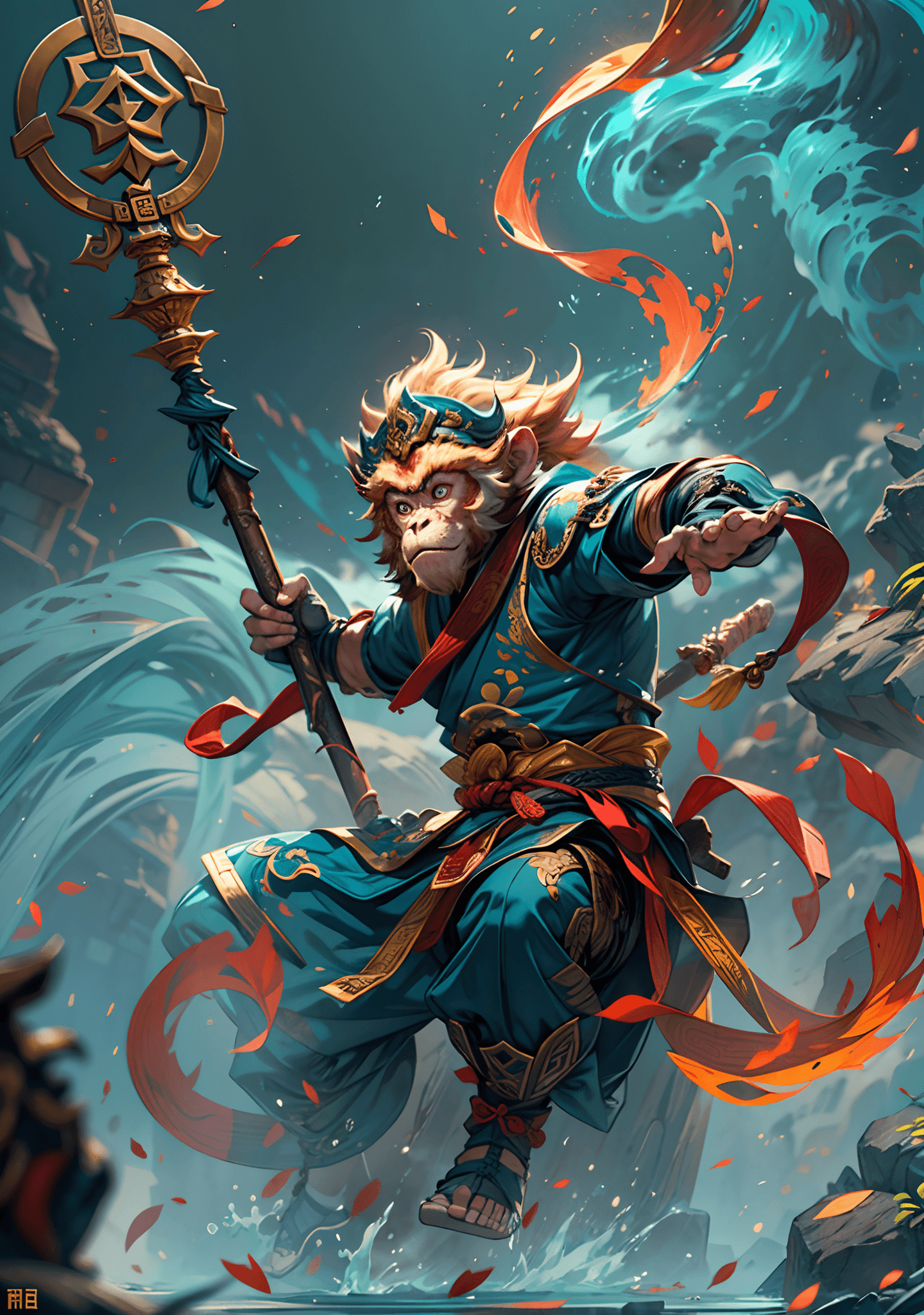 AI generated: masterpiece, concept art, mid shot, dynamic pose, centered, splash art, Sun wukong, (anthropomorphis...