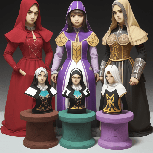 AI generated: personas, ajedrez, personas atractivas, cosplay de piezas de ajedrez, estilo medieval, runas, escrit...