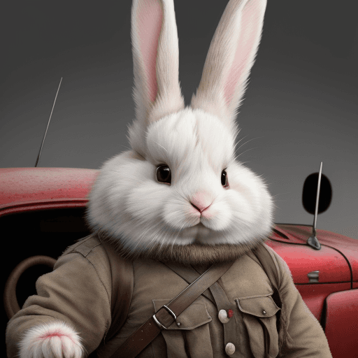 AI generated: a highly detailed portrait of a car driving cute bunny male, a warrior protecting basket with colore...
