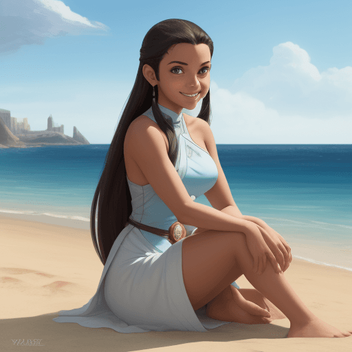 AI generated: Katara from Avatar the last airbender art, at the beach, smiling, uhd image, sitting on sand, white ...