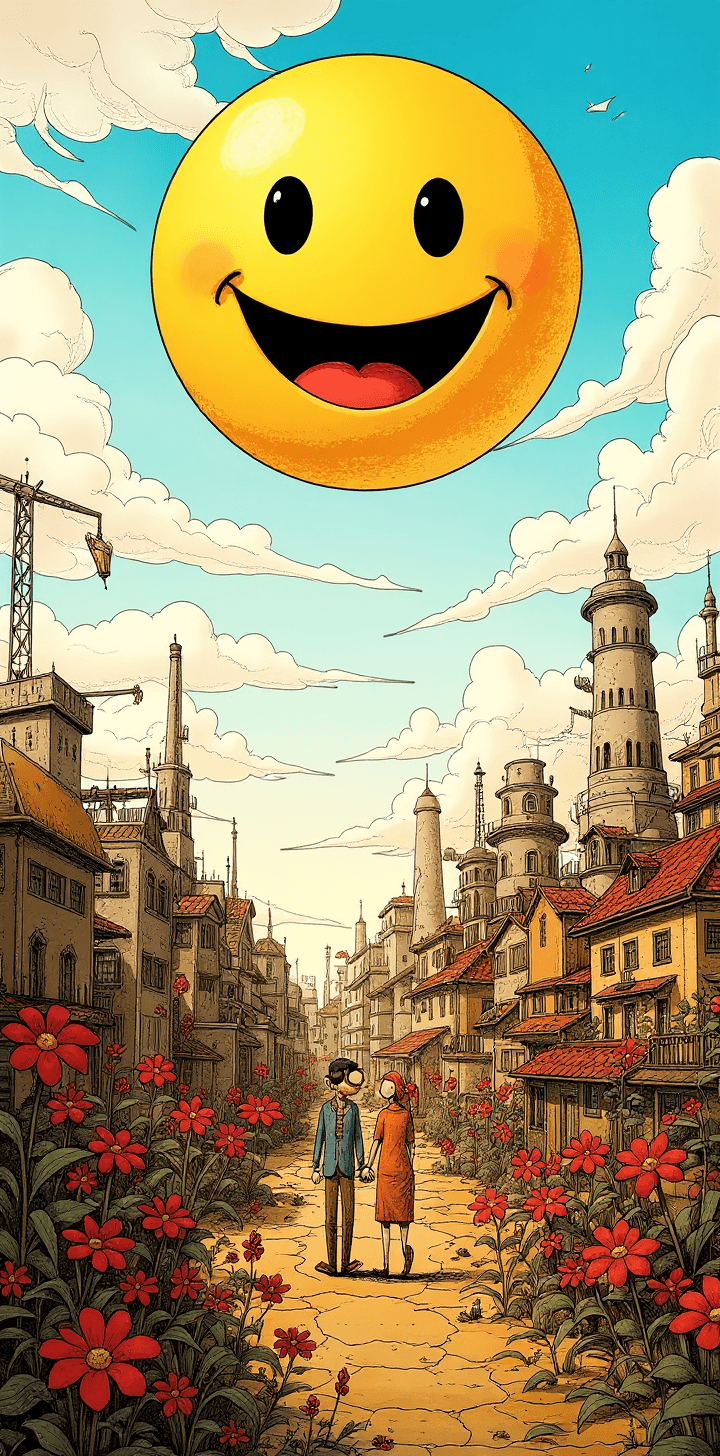 AI generated: cartoon with a colorful smiley face,couple walking, surrounded by a city, in the style of tim doyle,...