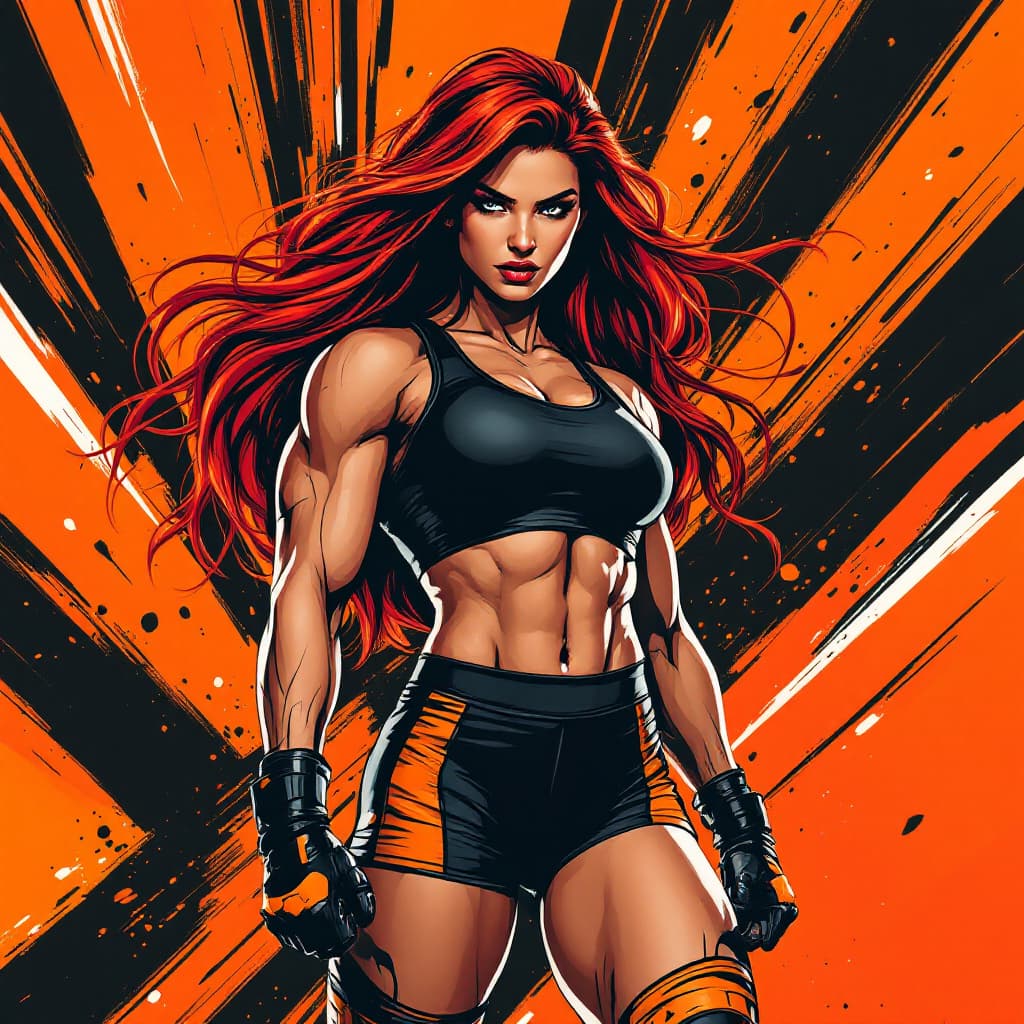 AI generated: A dynamic and powerful female athlete with long, flowing red hair, wearing a black and orange sports...