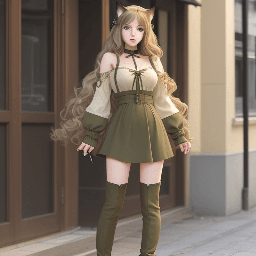 AI generated: Short Young lady, long light beige wavy hair, dark green eyes, cat ears, wide hips, olive  ankle boo...