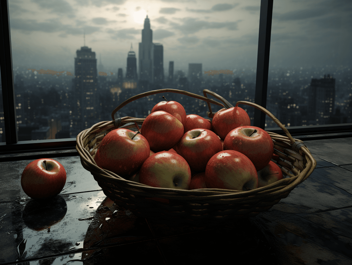 AI generated: Hyper-realistic basket of apples, A basket full of red and green apples, two apples lying around the...