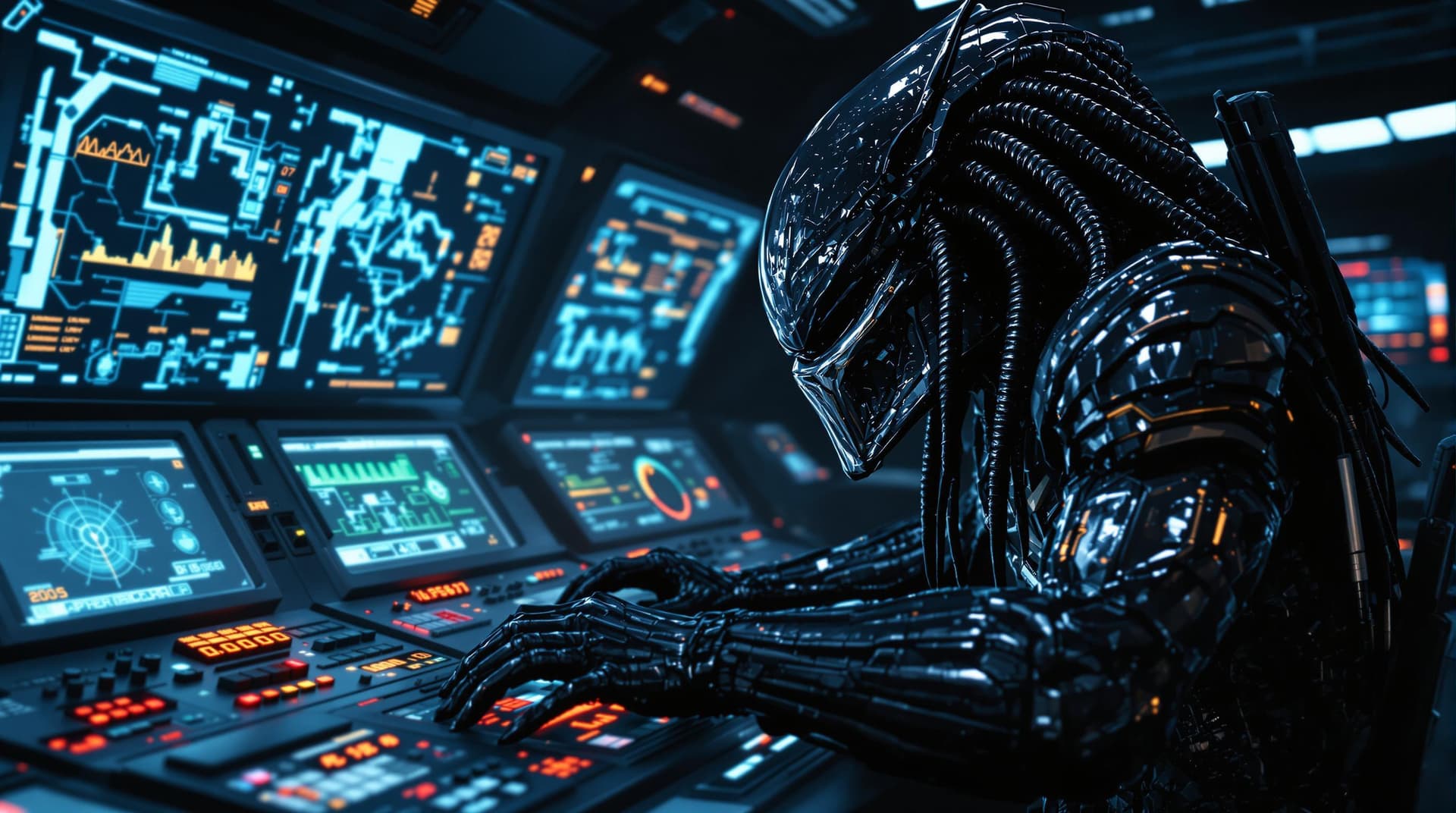 AI generated: a highly detailed cinematic rendering of a predator from the movie alien vs predator, a futuristic h...