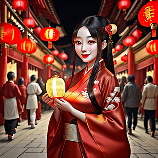 AI generated: ultra realistic beautiful Chinese girl  beautiful eyes long nose+ red lips smiling in luxurious hanf...