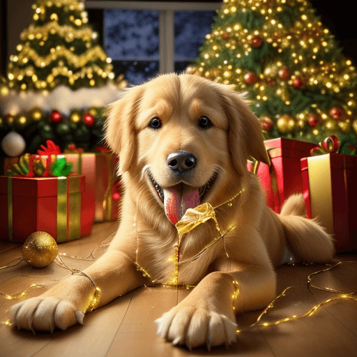 AI generated: Naughty Golden retriever, tangled up in large Christmas lights, Christmas tree in background, sharp ...