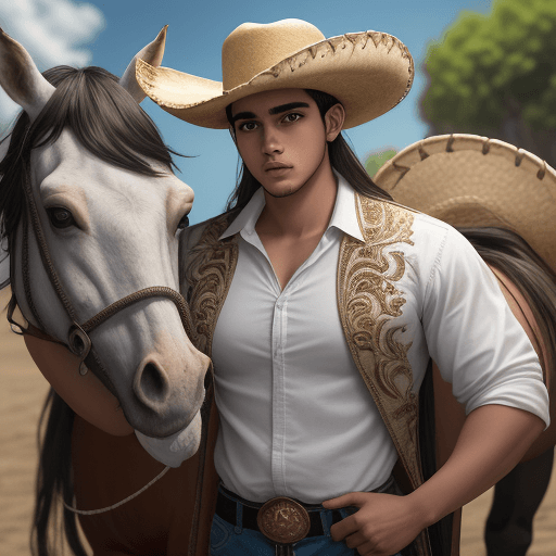 AI generated: joven jinete montando un majestuoso caballo blanco de la raza criolla colombiana. El hombre joven ll...