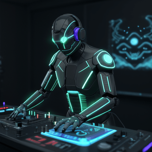 AI generated: conceptual 3D render bioluminescence man with artificial intelligence playing at the DJ console supe...