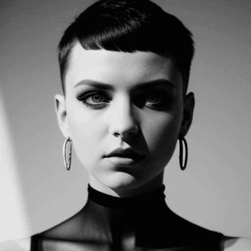 AI generated: A dramatic portrait of a young woman with a stylish haircut and piercing eyes. The photo is shot in ...