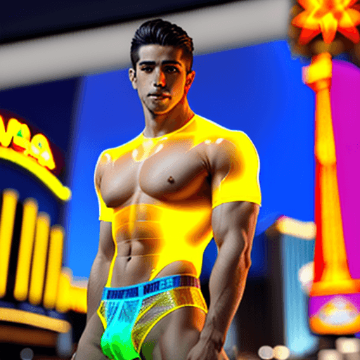 AI generated: A spanish male standing on the Las Vegas Strip. He's posing for artistic work. He has a muscular bod...