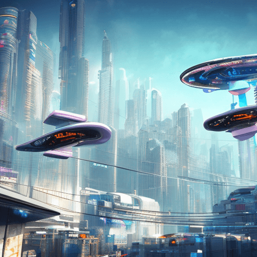 AI generated: a futuristic cyberpunk city   floating city in the air   suspended city in the air   with a big ecli...