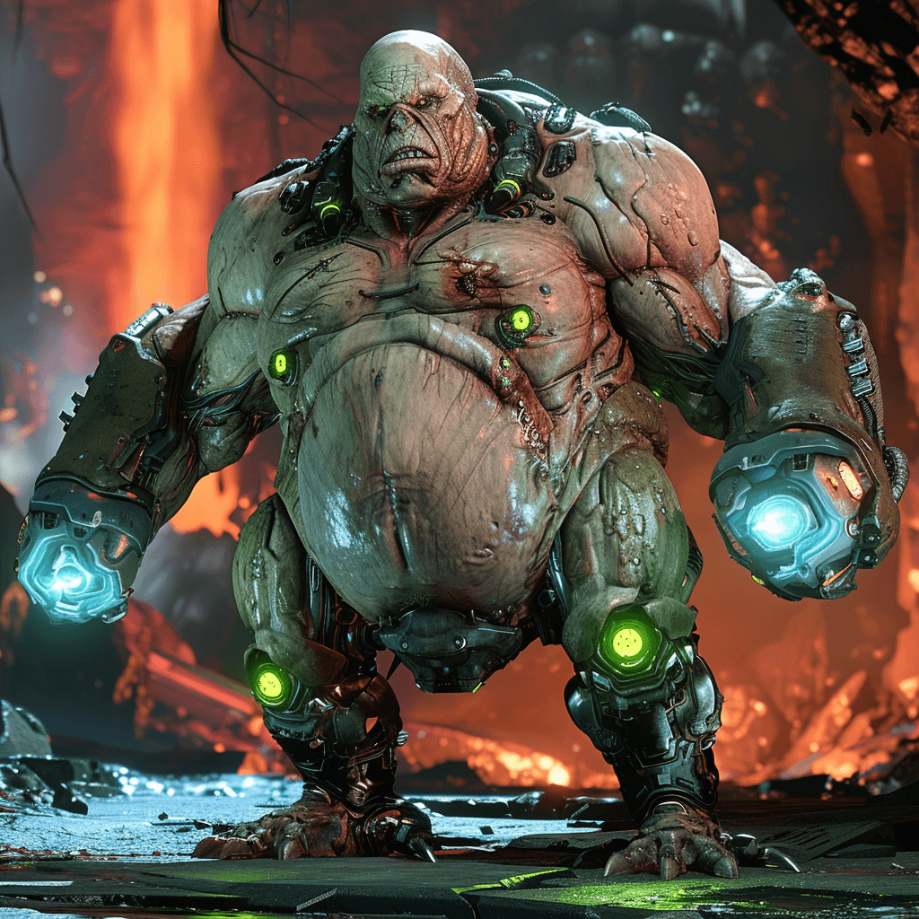 AI generated: Design an enemy in the style of Doom Eternal: an obese, grotesque character with short legs and robu...