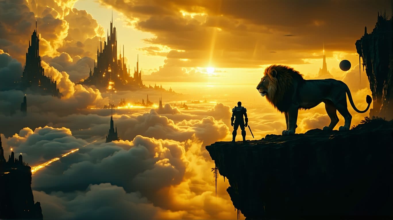 AI generated: Epic cinematic YouTube banner for a motivational channel called ET Inspire. A powerful lion standing...