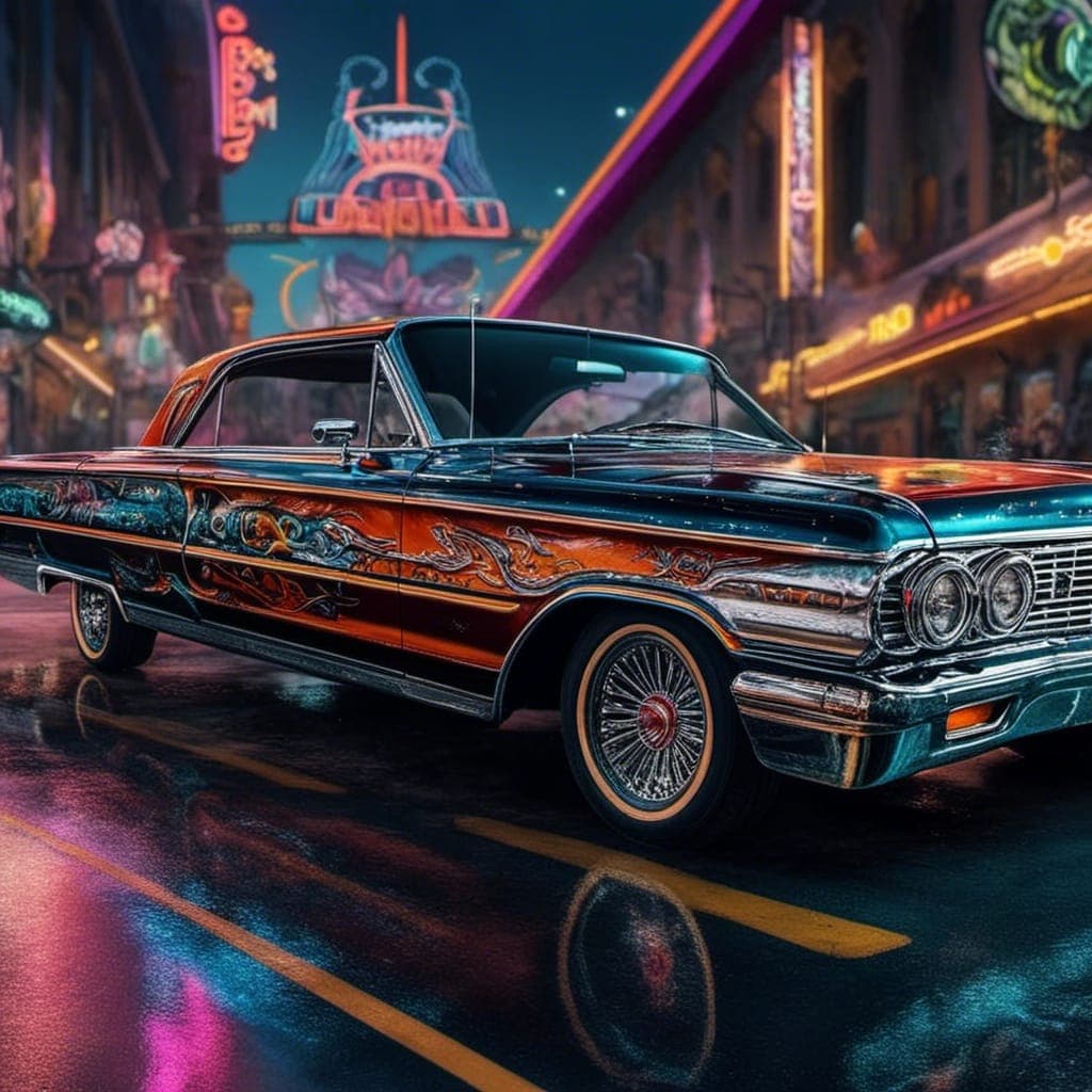 AI generated: full wide photo of a lowrider, phography, highly detailed, 8k, featuring <lora:lowrider paintjobs:1....