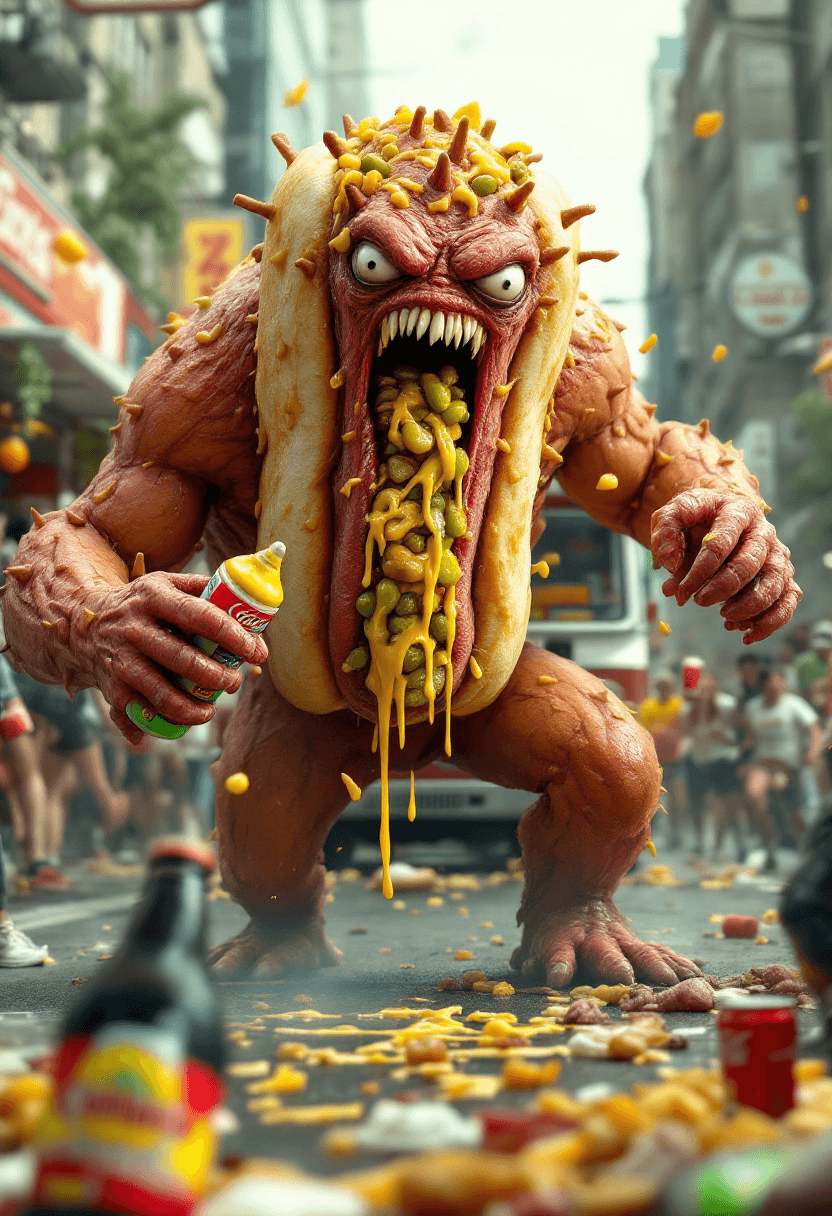 AI generated: A 3D (8K) photorealistic (hyper- detailed) image of a full body (((hotdog))) monster with a bun cove...