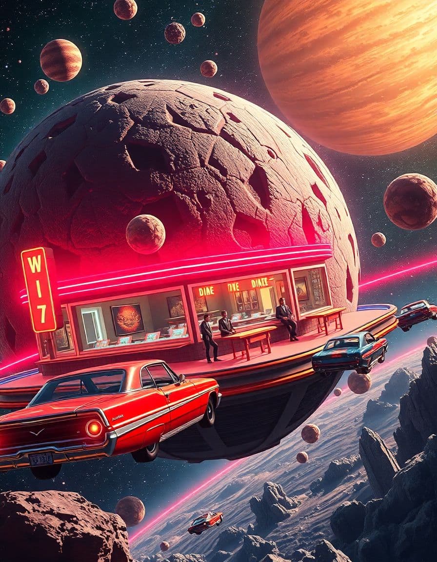 AI generated: a sci fi image,retro scifi,50th style a diner on a asteroid,flying cars ,dynamic lights,in space,ver...