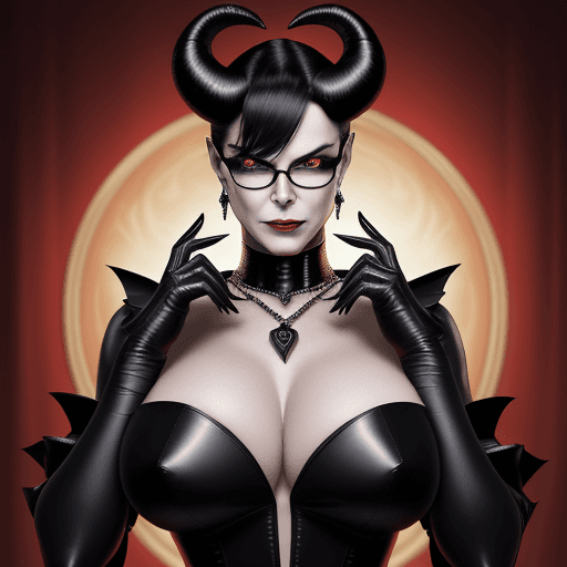AI generated: A 50-year-old domina demon head-mistress, exuding an aura of authority and allure. With a striking r...